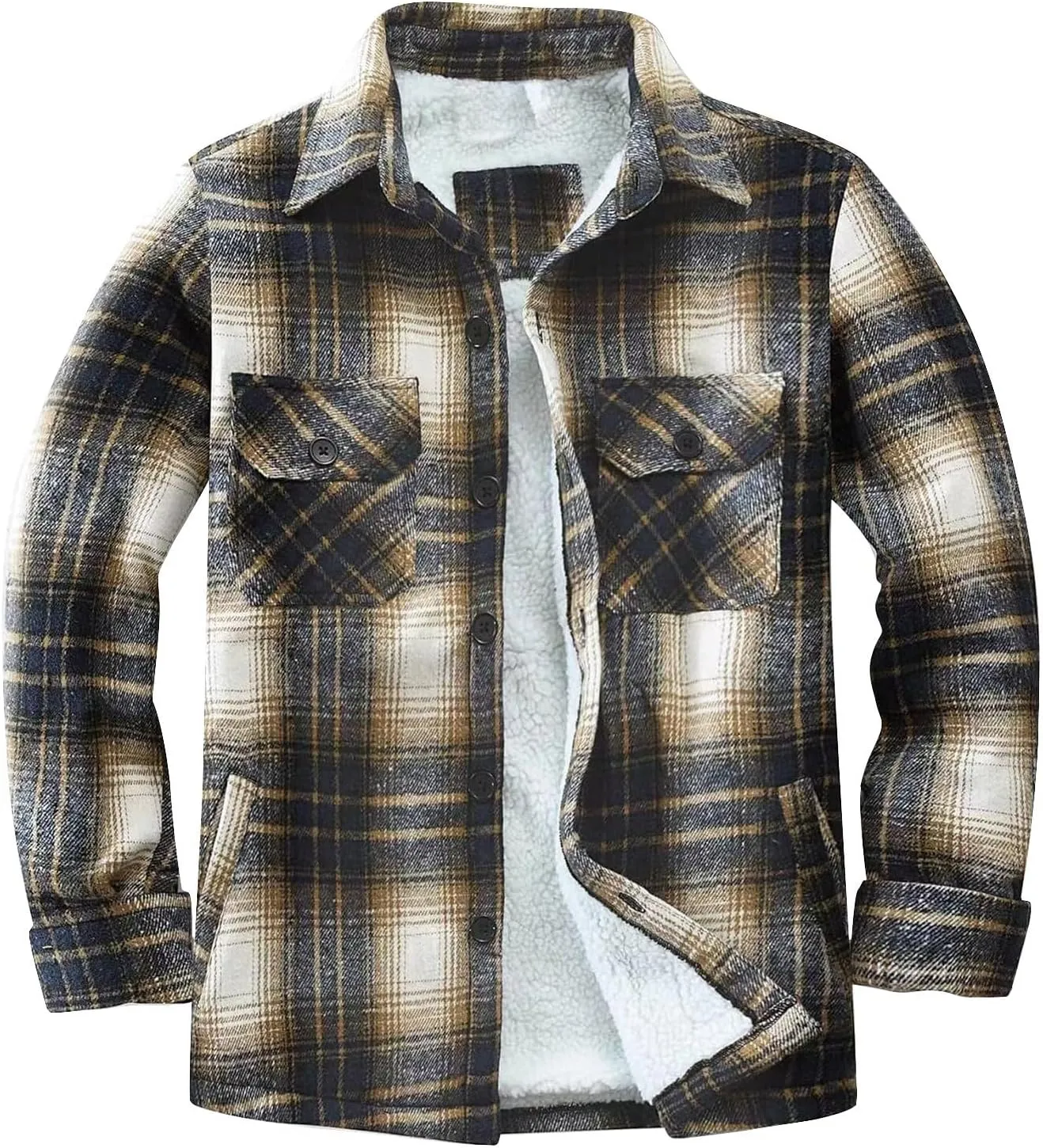 Men's Cotton Flannel Shirt Jacket Sherpa Fleece Lined Long Sleeve Plaid Shirt for Men Winter Thermal Berber Jackets