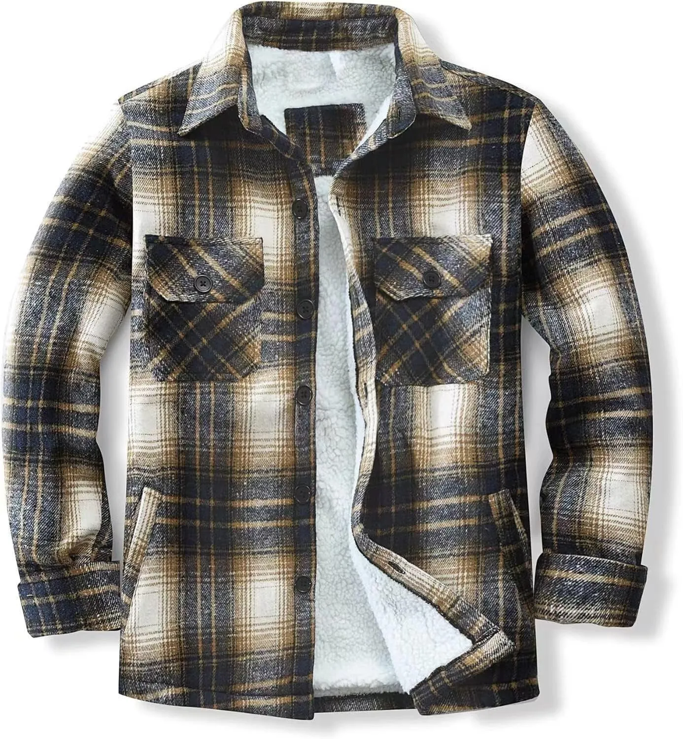 Men's Cotton Flannel Shirt Jacket Sherpa Fleece Lined Long Sleeve Plaid Shirt for Men Winter Thermal Berber Jackets