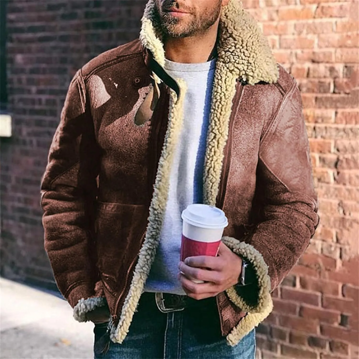 Men's Faux Leather Jacket Warm Sherpa Lined Lapel Zip-Up Motorcycle Bomber Jacket Winter Warm Thick Coat with Pocket