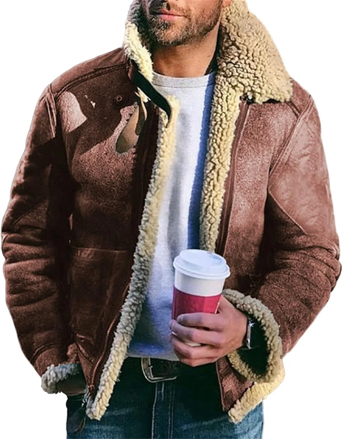 Men's Faux Leather Jacket Warm Sherpa Lined Lapel Zip-Up Motorcycle Bomber Jacket Winter Warm Thick Coat with Pocket