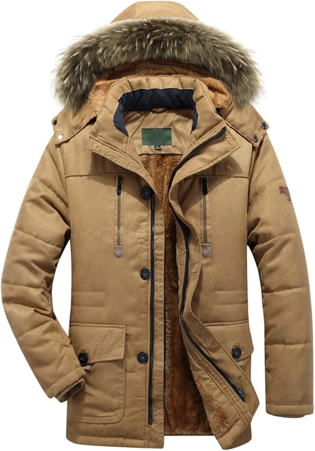Mens Heavyweight Hooded Parka Jacket Big and Tall Full Zip Warm Military Jacket Fleece Lined Cotton Jacket Warm Coat