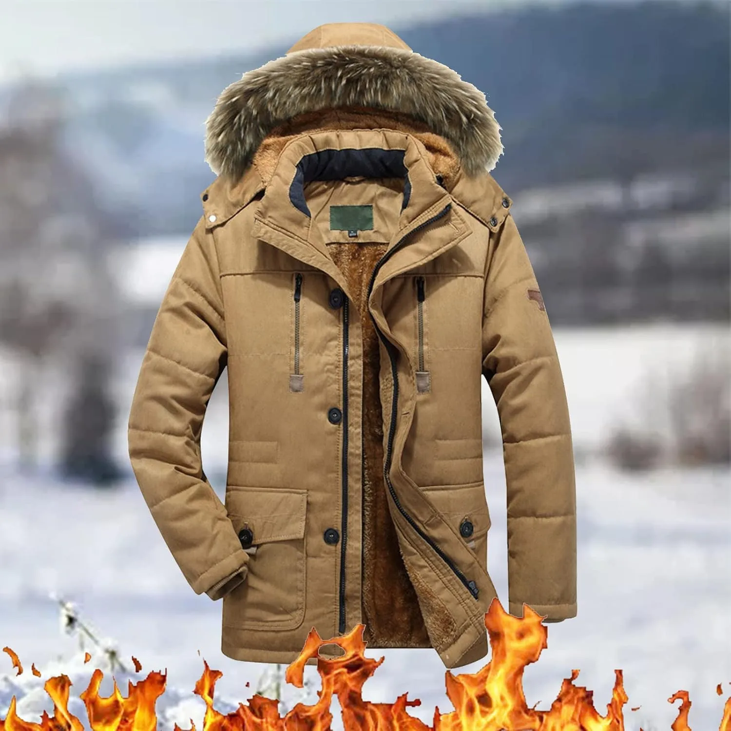Mens Heavyweight Hooded Parka Jacket Big and Tall Full Zip Warm Military Jacket Fleece Lined Cotton Jacket Warm Coat