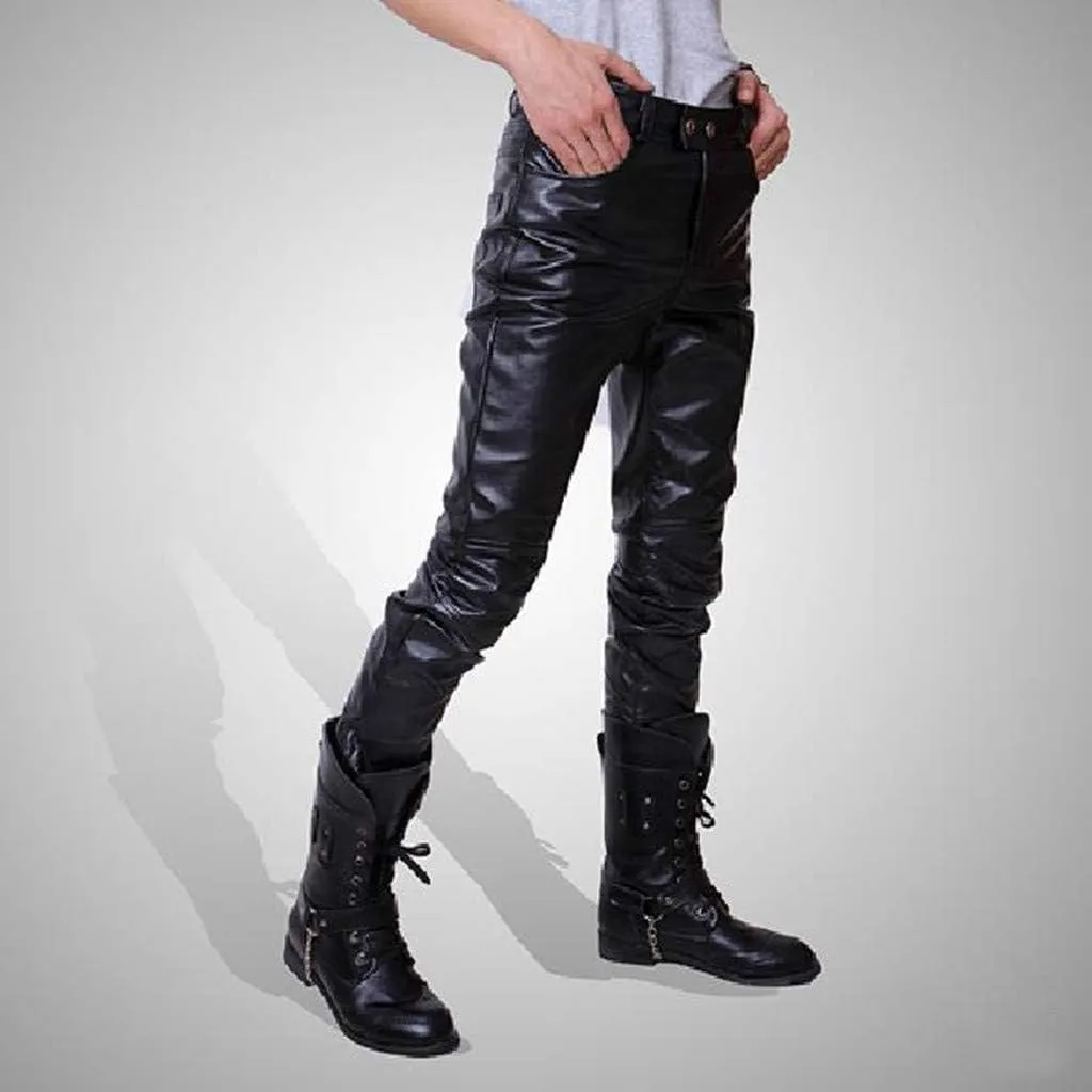 Men's Leather Pants Straight Leg Faux Leather Pants Men Stretch Skinny Slim Fit Biker Pants Casual Trousers Hip Hop Jeans