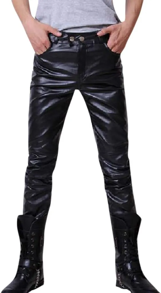 Men's Leather Pants Straight Leg Faux Leather Pants Men Stretch Skinny Slim Fit Biker Pants Casual Trousers Hip Hop Jeans
