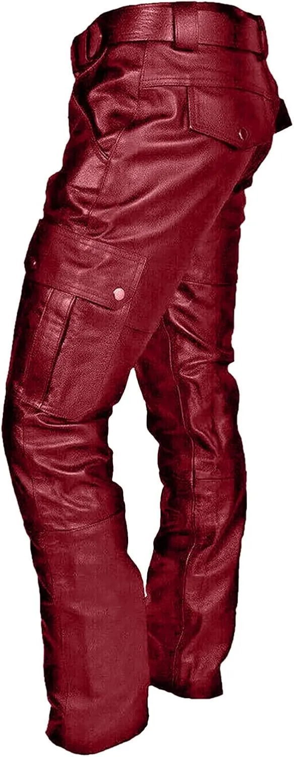 Mens Punk Pants Vintage Gothic Steampunk Faux Leather Biker Pants Metallic Motocycle Hip Hop PU Leather Denim Pants