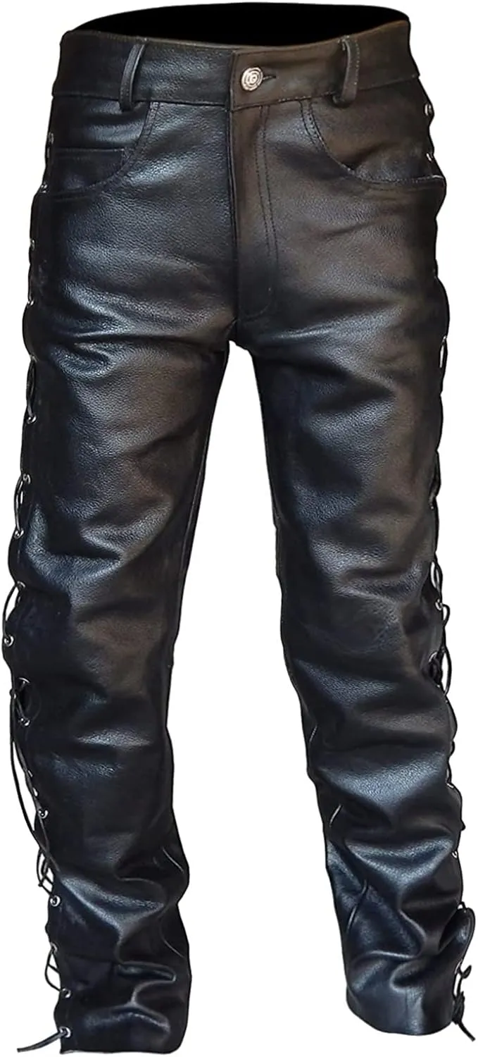 Mens Punk Pants Vintage Gothic Steampunk Faux Leather Biker Pants Metallic Motocycle Hip Hop PU Leather Denim Pants