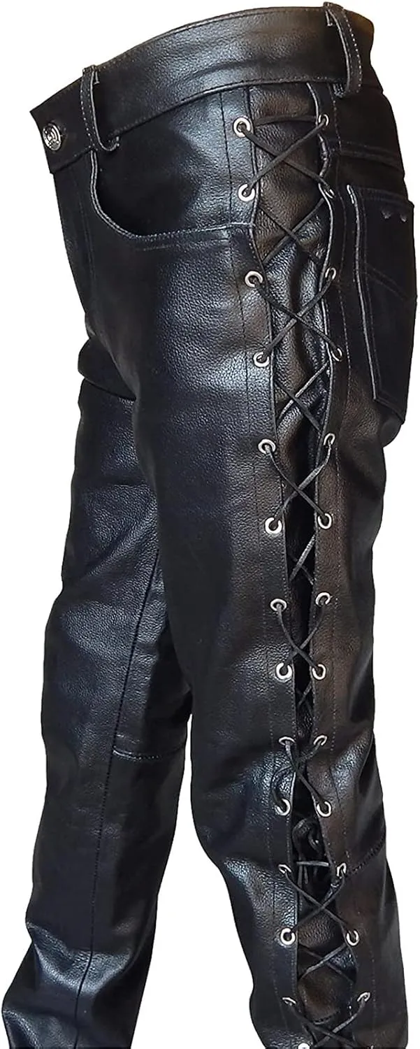 Mens Punk Pants Vintage Gothic Steampunk Faux Leather Biker Pants Metallic Motocycle Hip Hop PU Leather Denim Pants