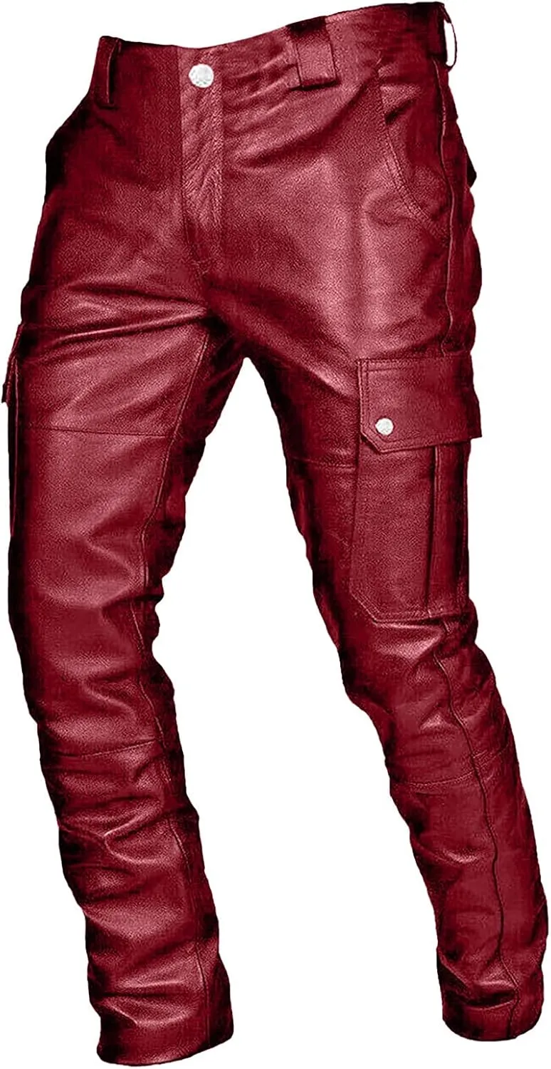 Mens Punk Pants Vintage Gothic Steampunk Faux Leather Biker Pants Metallic Motocycle Hip Hop PU Leather Denim Pants