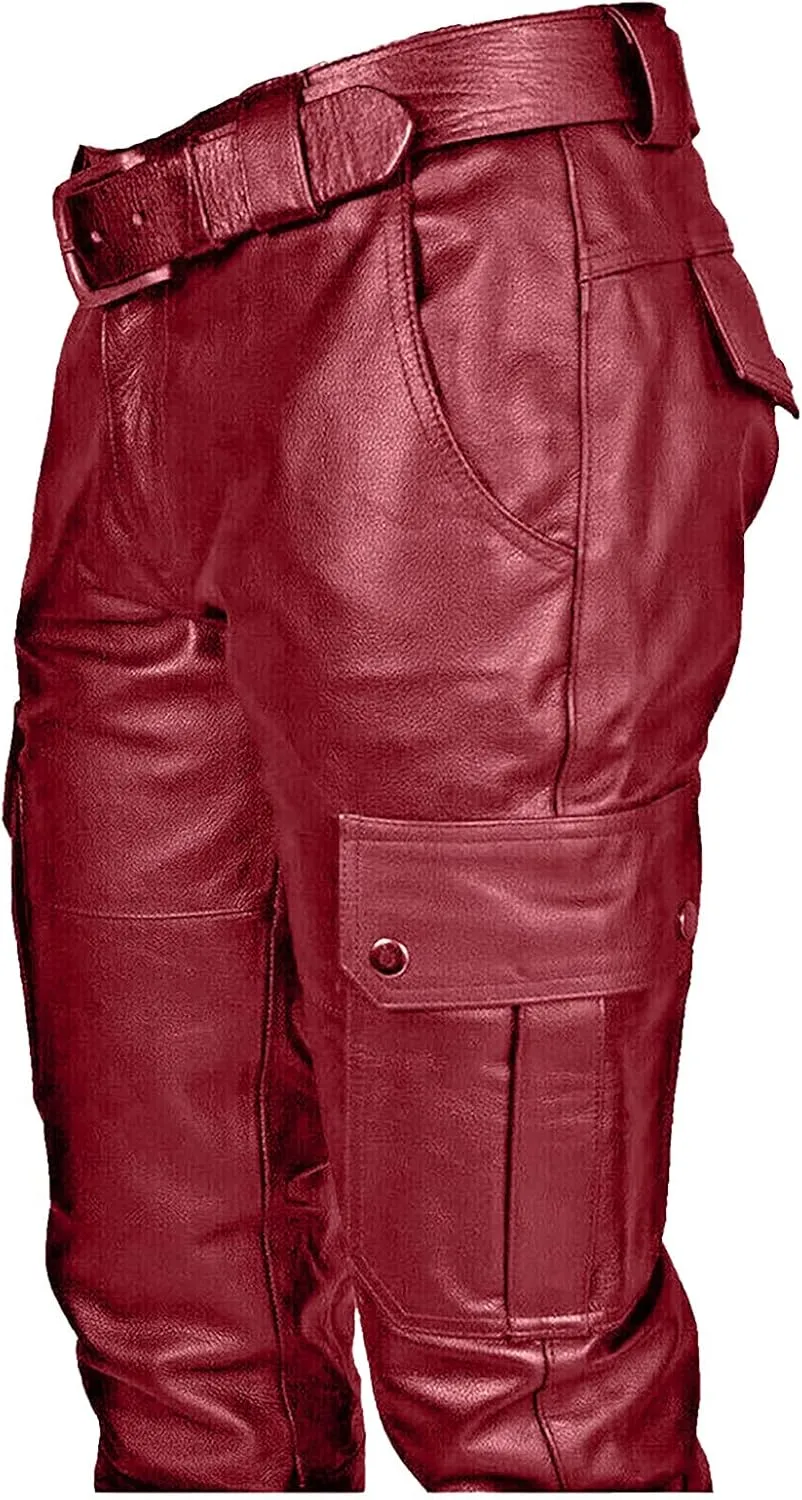 Mens Punk Pants Vintage Gothic Steampunk Faux Leather Biker Pants Metallic Motocycle Hip Hop PU Leather Denim Pants