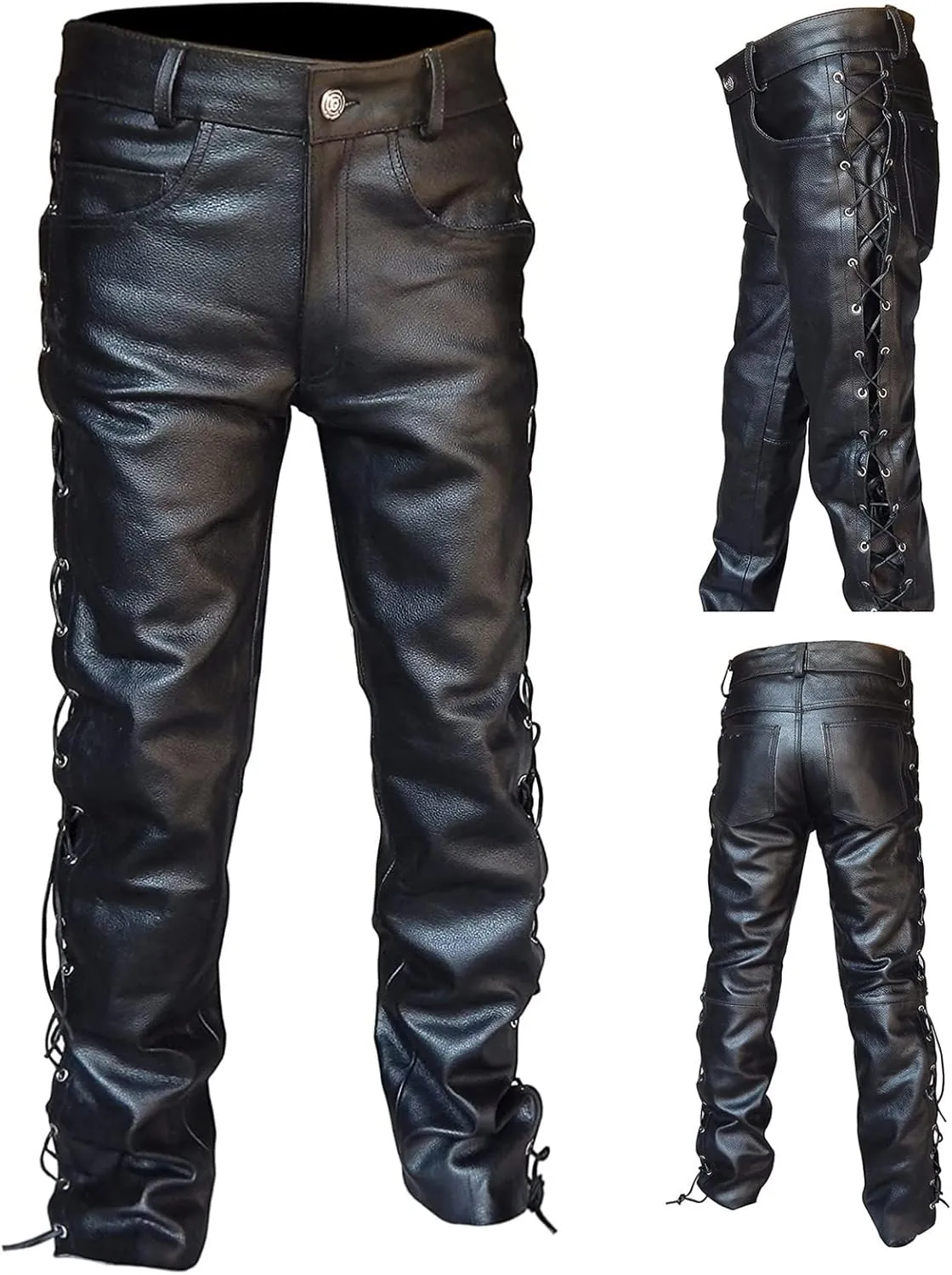 Mens Punk Pants Vintage Gothic Steampunk Faux Leather Biker Pants Metallic Motocycle Hip Hop PU Leather Denim Pants