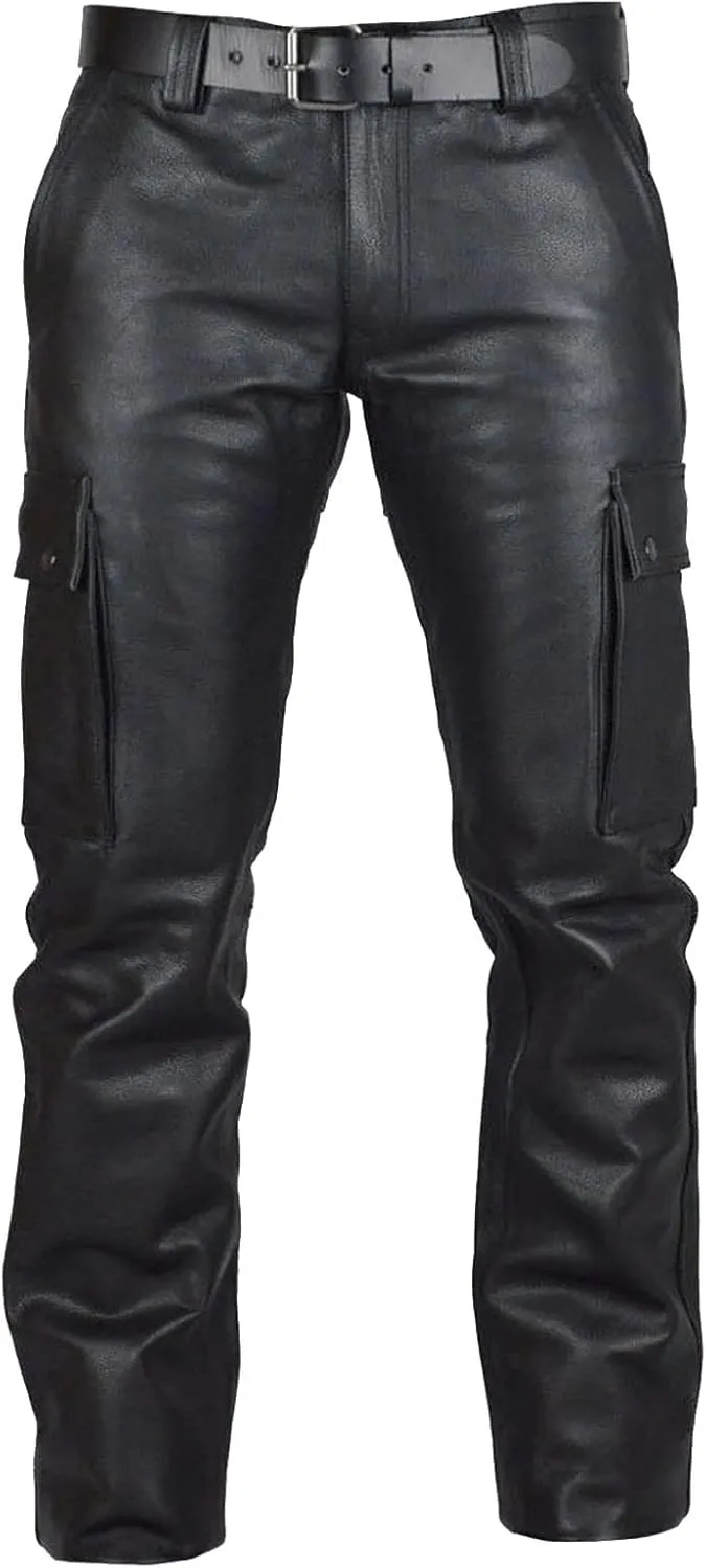 Mens Punk Pants Vintage Gothic Steampunk Faux Leather Biker Pants Metallic Motocycle Hip Hop PU Leather Denim Pants