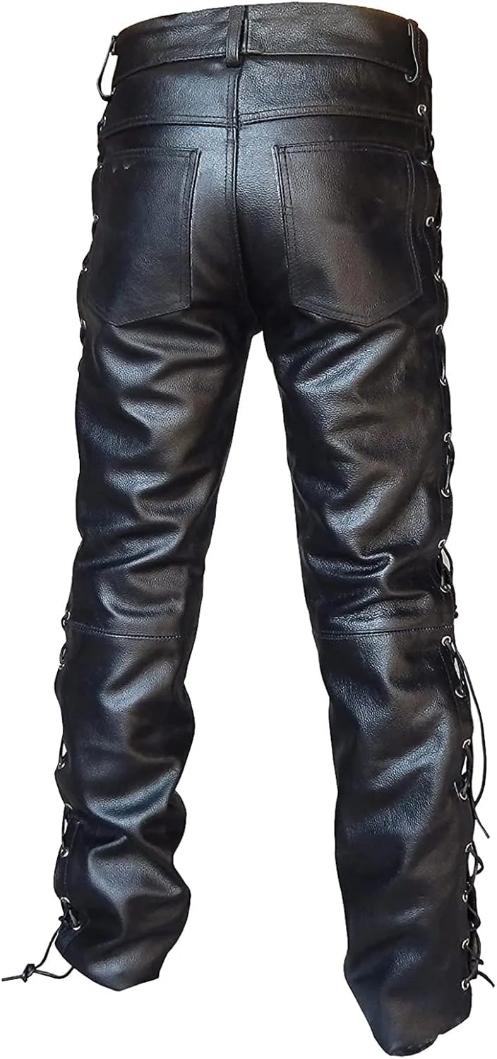 Mens Punk Pants Vintage Gothic Steampunk Faux Leather Biker Pants Metallic Motocycle Hip Hop PU Leather Denim Pants