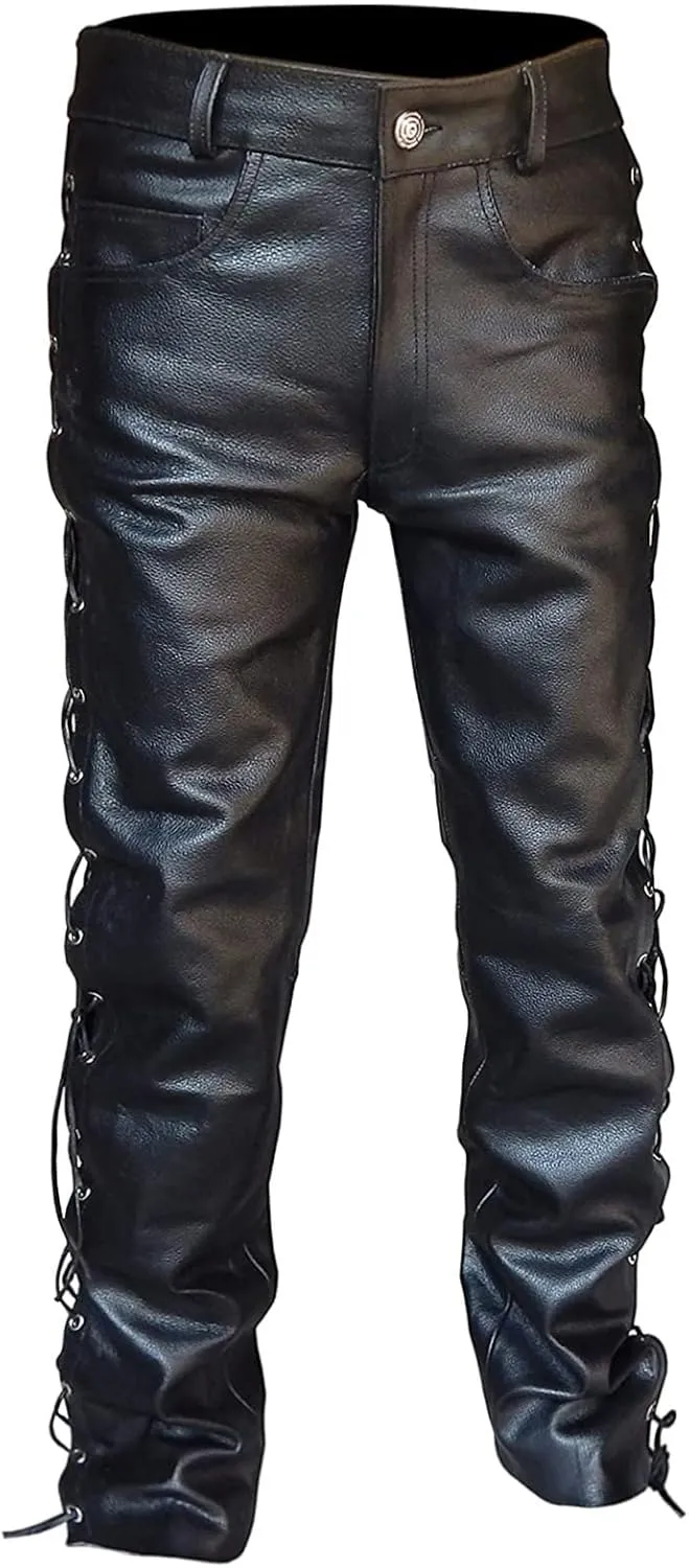 Mens Punk Pants Vintage Gothic Steampunk Faux Leather Biker Pants Metallic Motocycle Hip Hop PU Leather Denim Pants