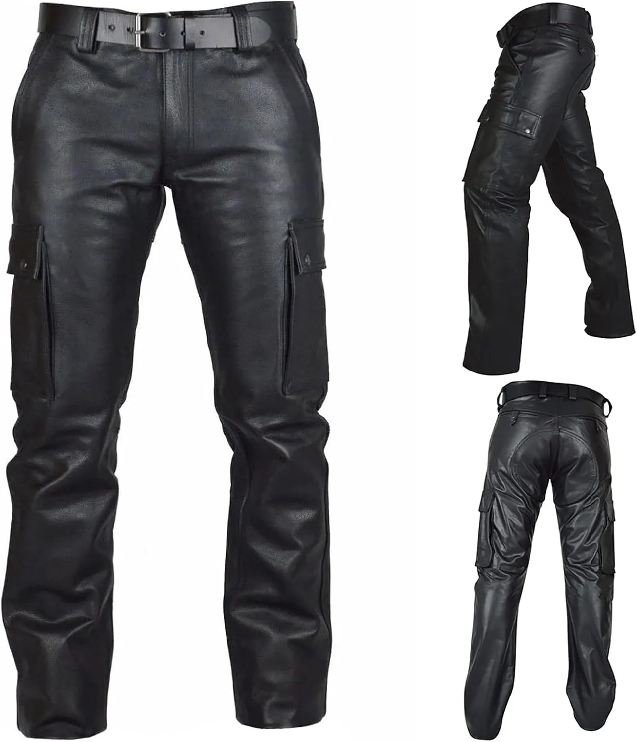 Mens Punk Pants Vintage Gothic Steampunk Faux Leather Biker Pants Metallic Motocycle Hip Hop PU Leather Denim Pants