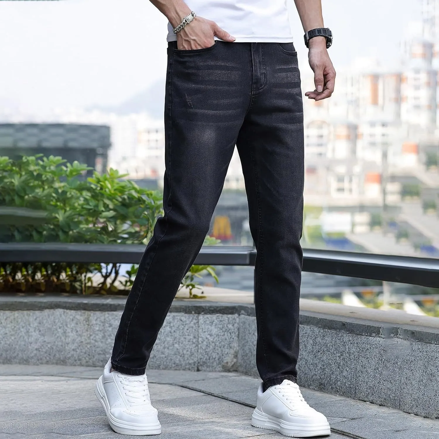 Mens Work Jeans Stretch Flex Vintage Jeans Loose Denim Pants with Pockets Trendy Dance Pants Streetwear