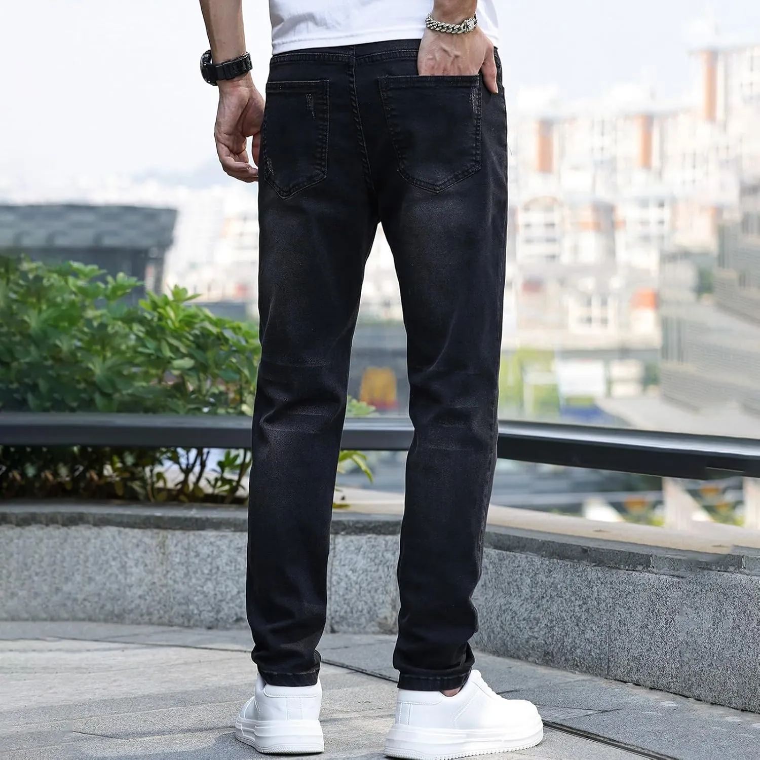 Mens Work Jeans Stretch Flex Vintage Jeans Loose Denim Pants with Pockets Trendy Dance Pants Streetwear