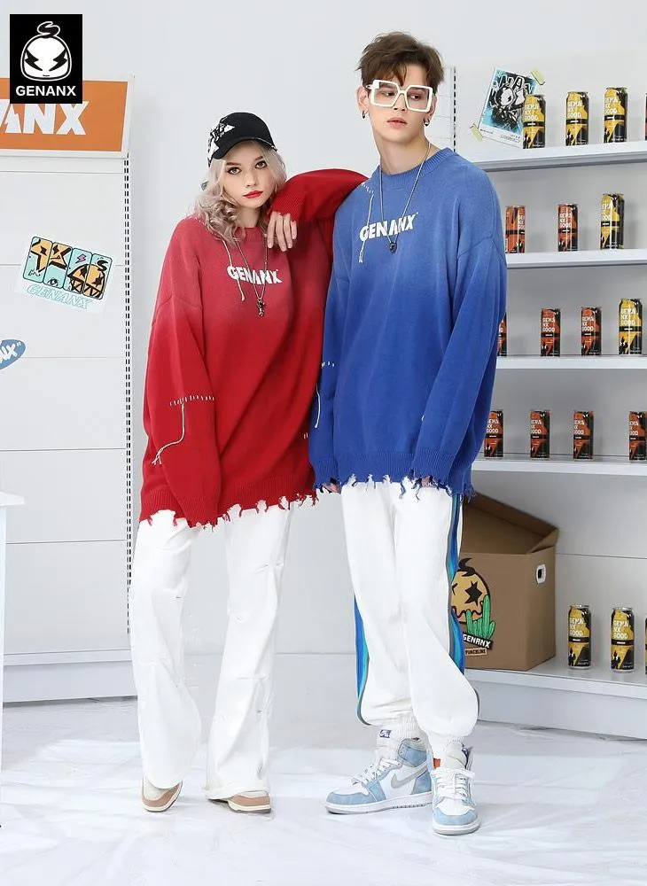 Plain Gradient Letter Print Tassel Sweater