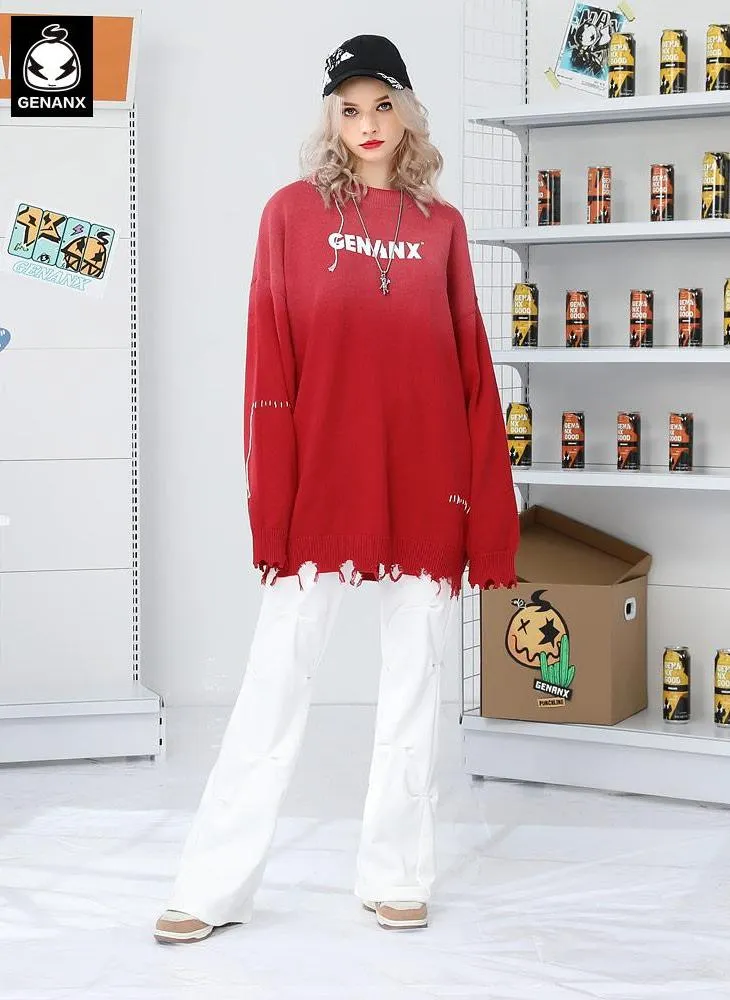 Plain Gradient Letter Print Tassel Sweater