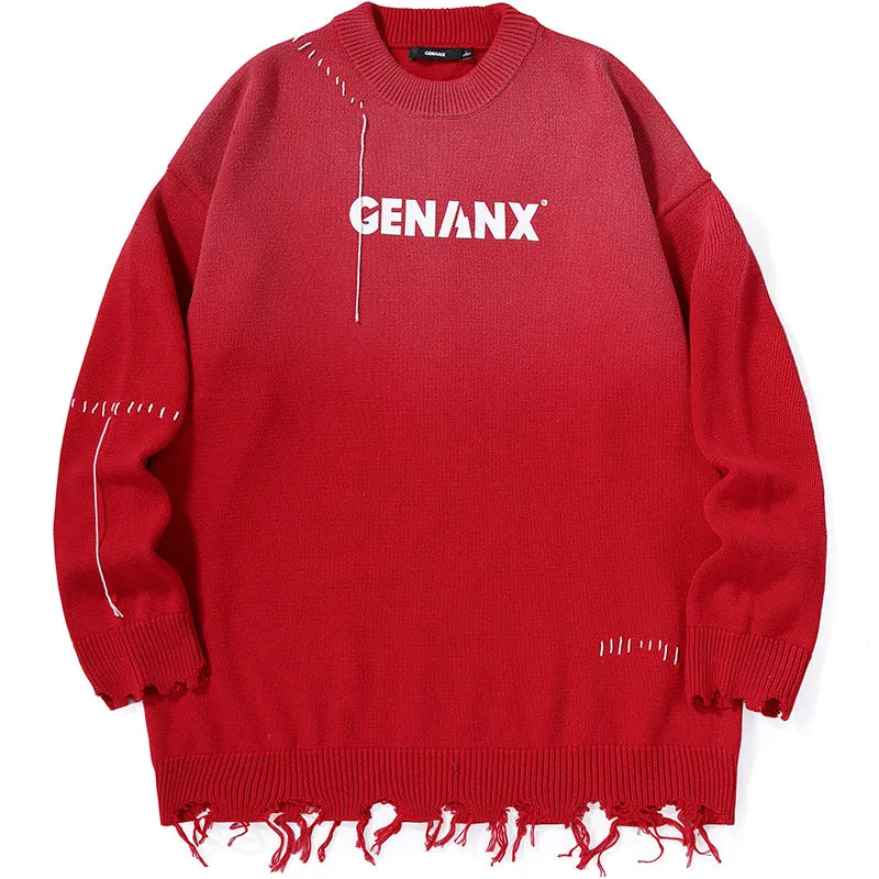 Plain Gradient Letter Print Tassel Sweater