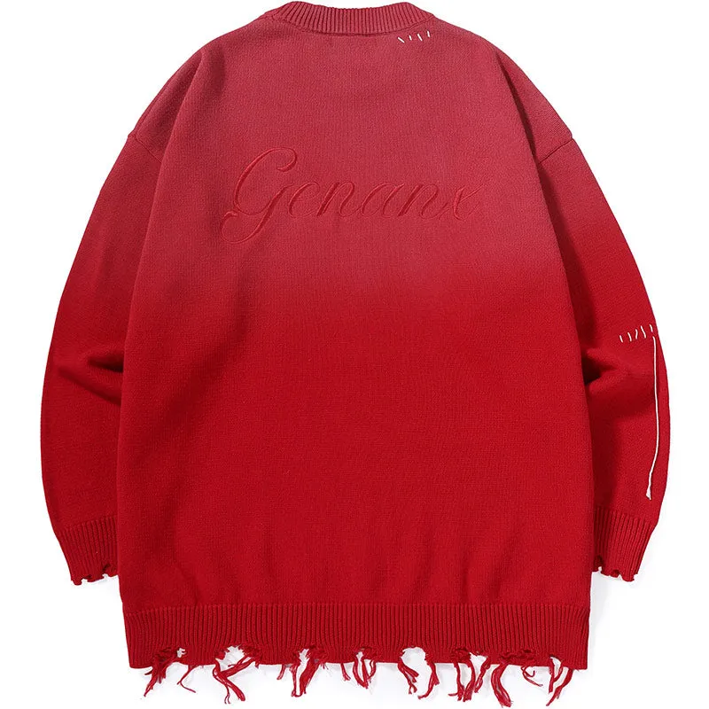Plain Gradient Letter Print Tassel Sweater