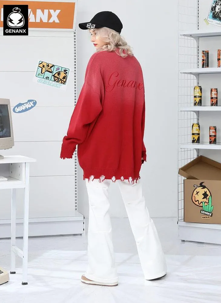 Plain Gradient Letter Print Tassel Sweater