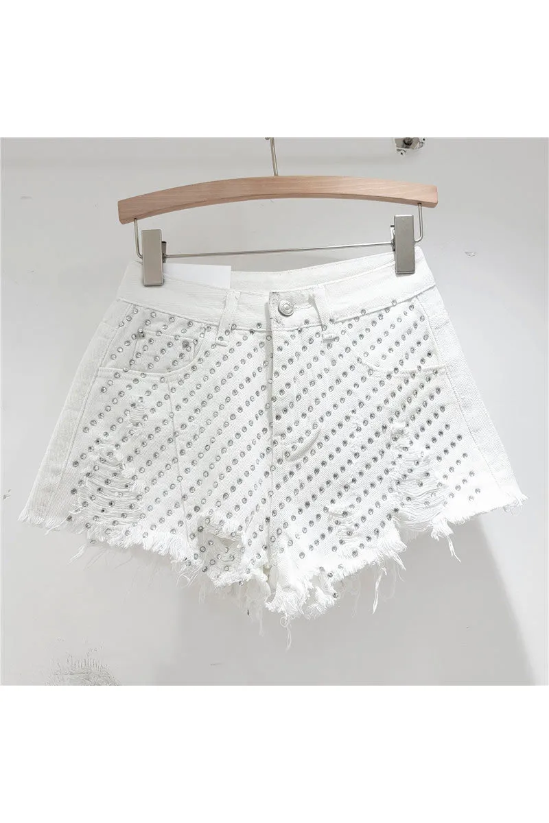 PM0190 Rhinestones Denim Shorts