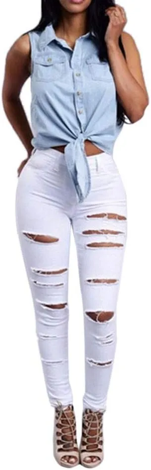 Ripped Jeans for Women, Women Stretchy Ripped Distressed Straight Leg Boyfriend Skinny Jeans