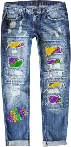 Sequin Jeans Mardi Gras Pants for Women Straight Leg Roll-up Denim Pants Distressed Frayed Raw Hem Boyfriend Jeans for Women