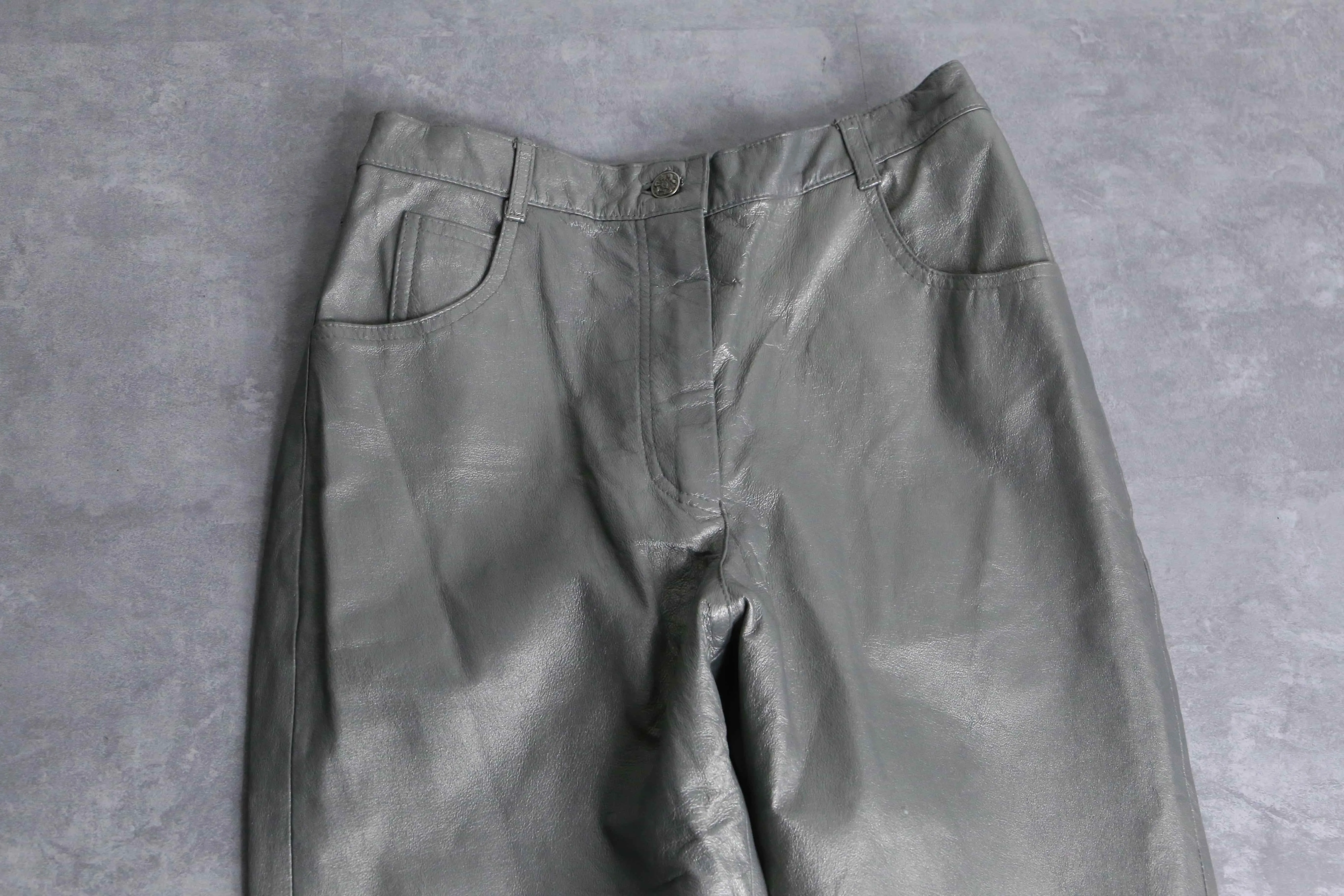 silver leather tapered pants