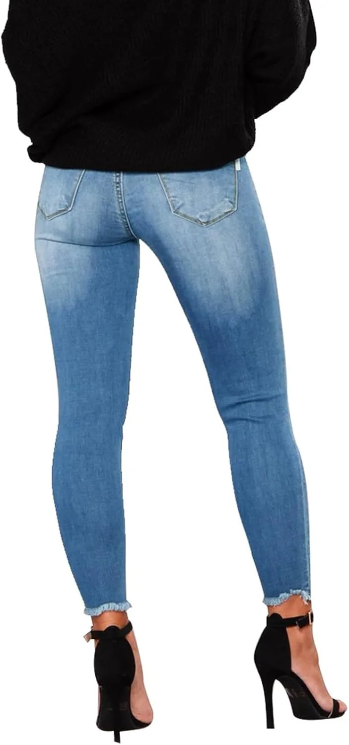 Skinny Jeans for Women Slim Fit Button Elastic Waist Ripped Jeans Business Casual Raw Hem Straight Leg Denim Jeans