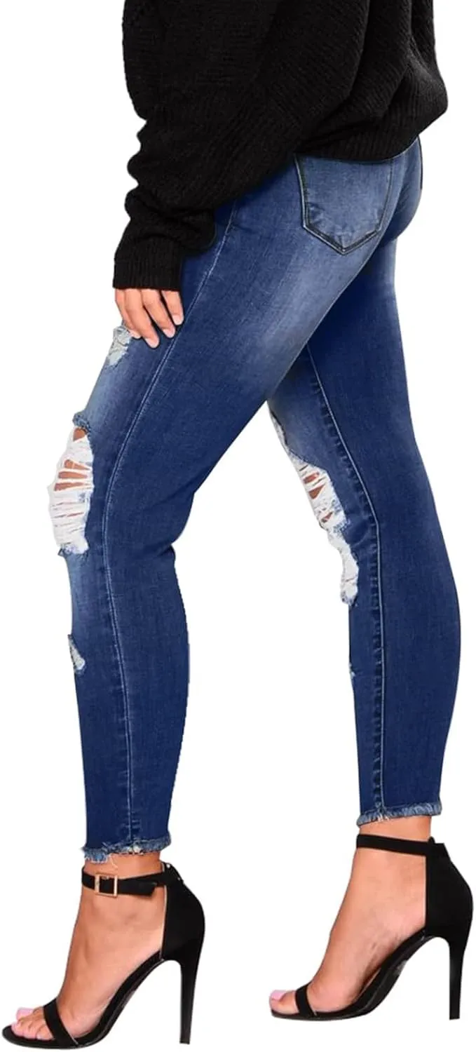 Skinny Jeans for Women Slim Fit Button Elastic Waist Ripped Jeans Business Casual Raw Hem Straight Leg Denim Jeans