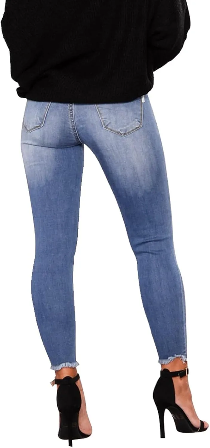 Skinny Jeans for Women Slim Fit Button Elastic Waist Ripped Jeans Business Casual Raw Hem Straight Leg Denim Jeans
