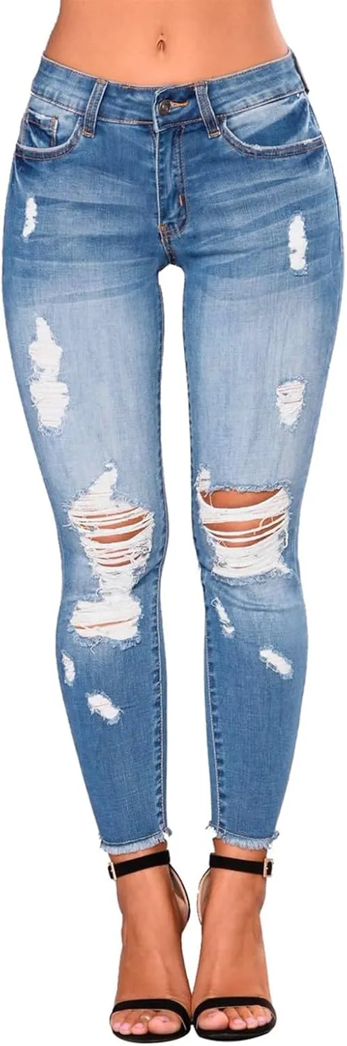 Skinny Jeans for Women Slim Fit Button Elastic Waist Ripped Jeans Business Casual Raw Hem Straight Leg Denim Jeans