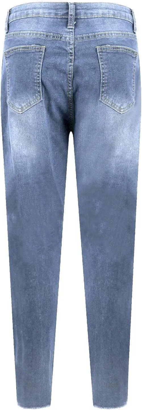 Skinny Jeans for Women Slim Fit Button Elastic Waist Ripped Jeans Business Casual Raw Hem Straight Leg Denim Jeans