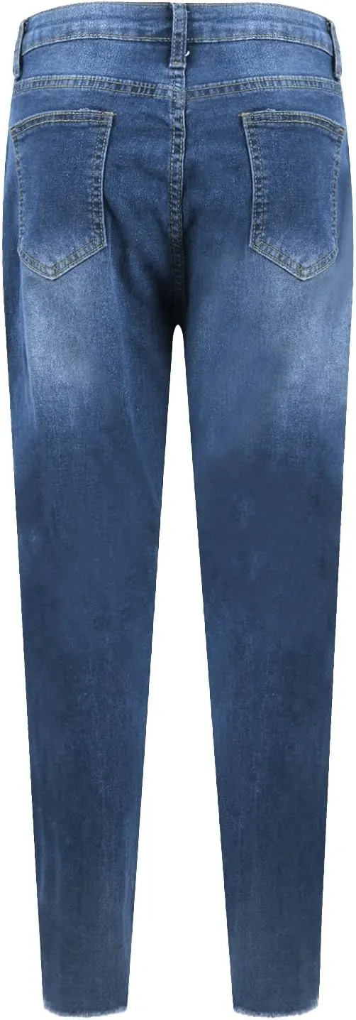 Skinny Jeans for Women Slim Fit Button Elastic Waist Ripped Jeans Business Casual Raw Hem Straight Leg Denim Jeans