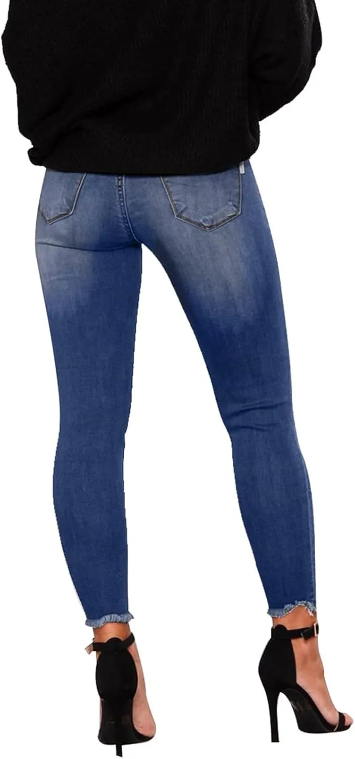 Skinny Jeans for Women Slim Fit Button Elastic Waist Ripped Jeans Business Casual Raw Hem Straight Leg Denim Jeans