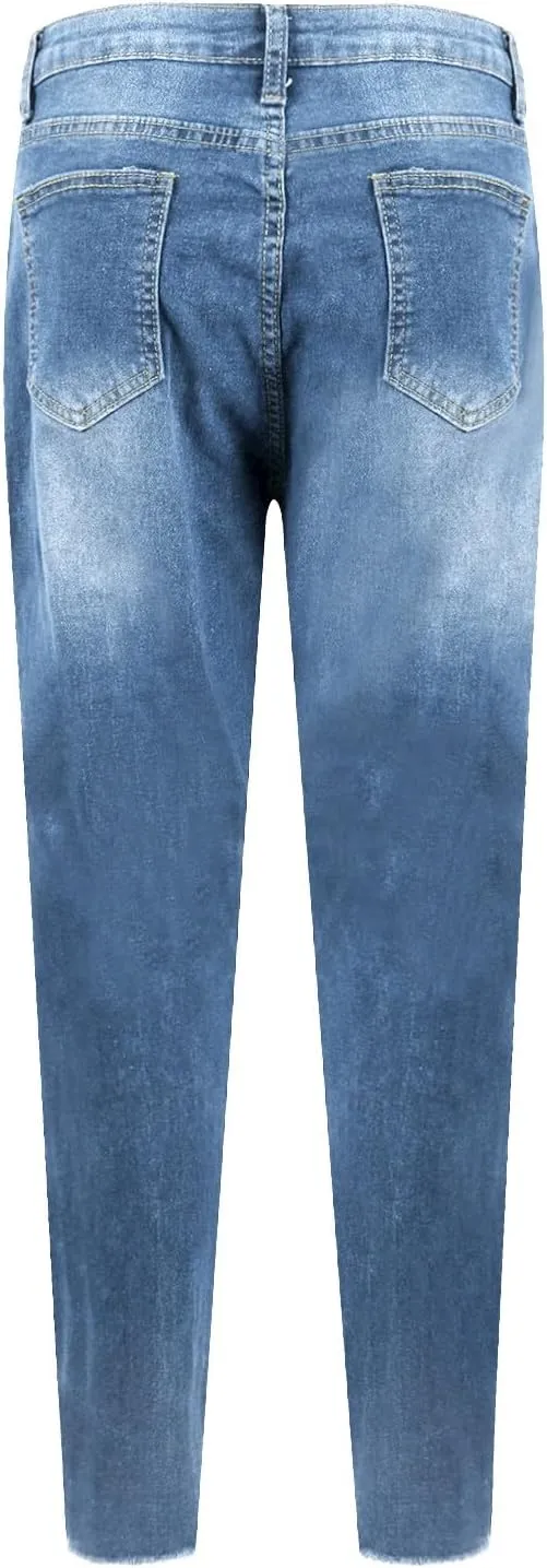 Skinny Jeans for Women Slim Fit Button Elastic Waist Ripped Jeans Business Casual Raw Hem Straight Leg Denim Jeans