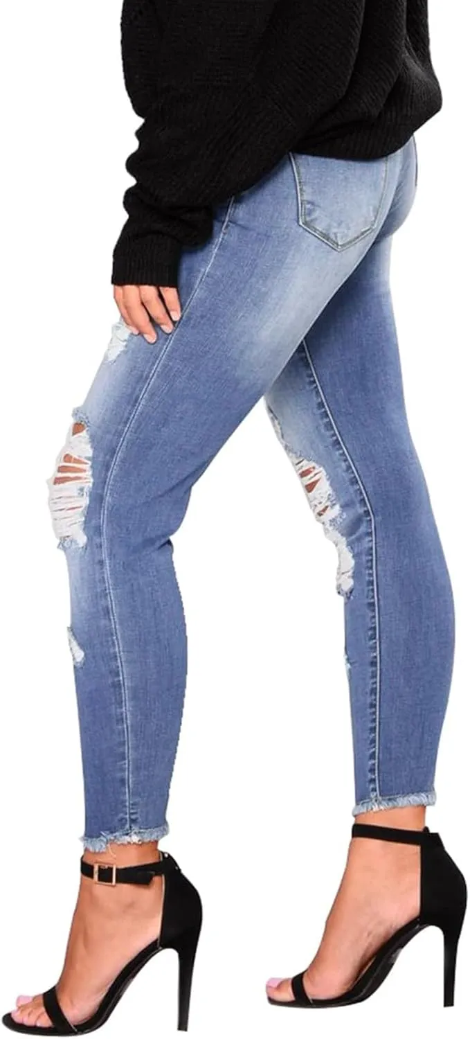 Skinny Jeans for Women Slim Fit Button Elastic Waist Ripped Jeans Business Casual Raw Hem Straight Leg Denim Jeans