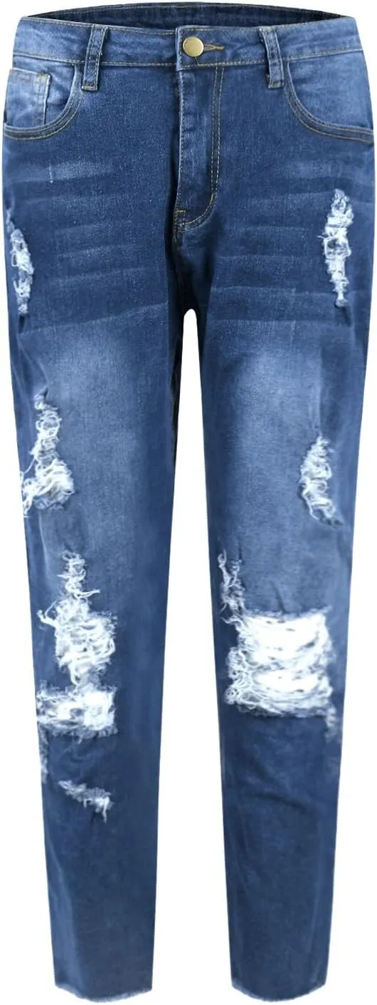 Skinny Jeans for Women Slim Fit Button Elastic Waist Ripped Jeans Business Casual Raw Hem Straight Leg Denim Jeans