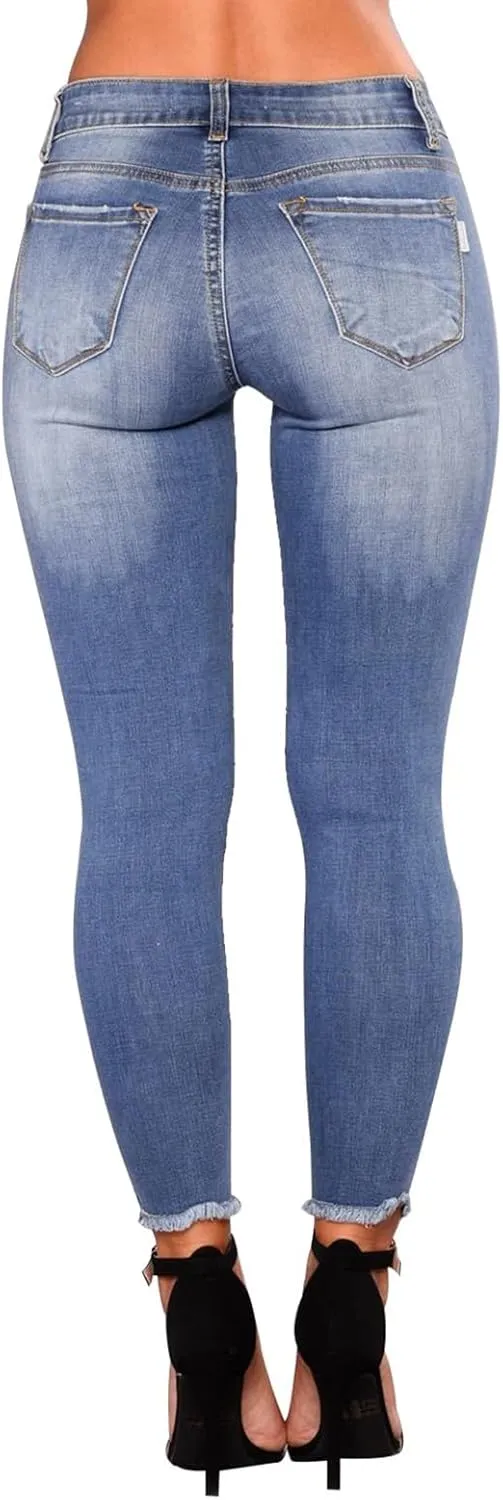 Skinny Jeans for Women Slim Fit Button Elastic Waist Ripped Jeans Business Casual Raw Hem Straight Leg Denim Jeans