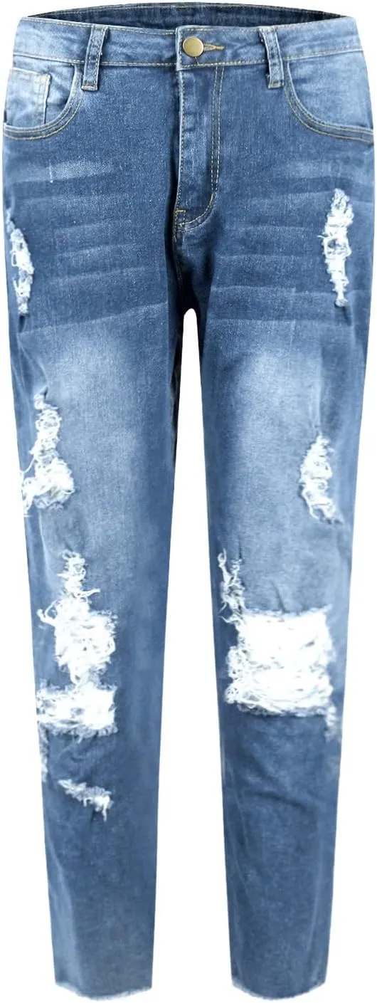 Skinny Jeans for Women Slim Fit Button Elastic Waist Ripped Jeans Business Casual Raw Hem Straight Leg Denim Jeans