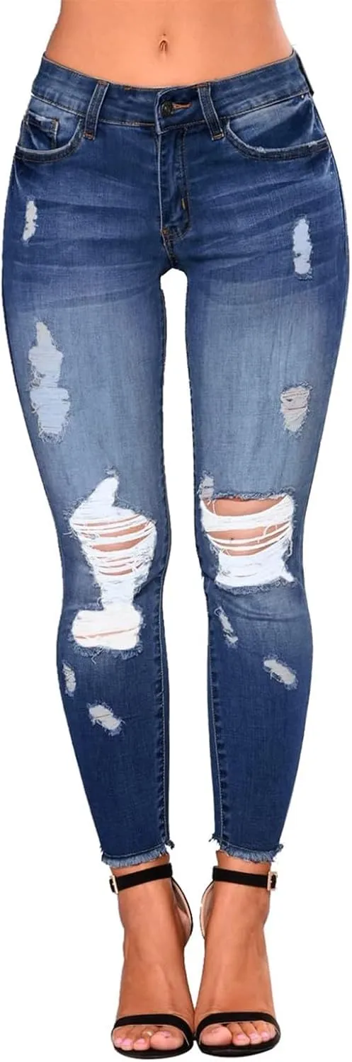 Skinny Jeans for Women Slim Fit Button Elastic Waist Ripped Jeans Business Casual Raw Hem Straight Leg Denim Jeans