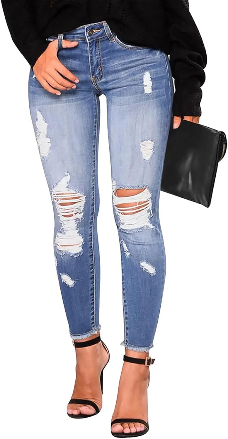 Skinny Jeans for Women Slim Fit Button Elastic Waist Ripped Jeans Business Casual Raw Hem Straight Leg Denim Jeans