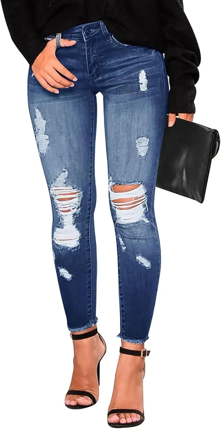 Skinny Jeans for Women Slim Fit Button Elastic Waist Ripped Jeans Business Casual Raw Hem Straight Leg Denim Jeans