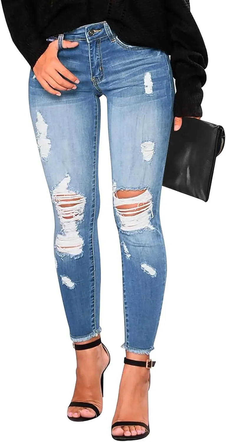 Skinny Jeans for Women Slim Fit Button Elastic Waist Ripped Jeans Business Casual Raw Hem Straight Leg Denim Jeans