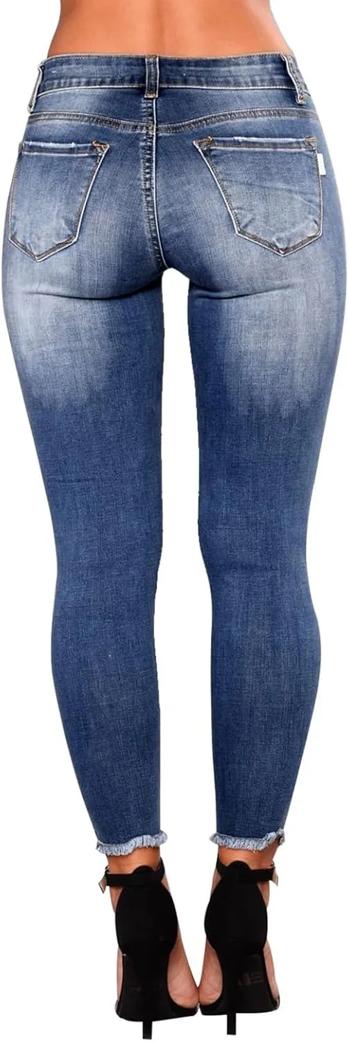 Skinny Jeans for Women Slim Fit Button Elastic Waist Ripped Jeans Business Casual Raw Hem Straight Leg Denim Jeans