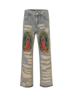 Sneakerhill American Street Style Ripped Embroidered Jeans - 1617