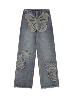 Sneakerhill Appliqued Butterfly Embroidered Jeans
