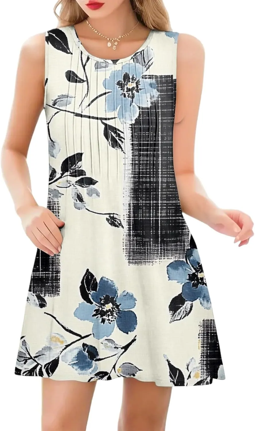 Summer Dresses for Women 2025 Loose Beach Vacation Sleeveless Crewneck Sundresses Print Casual Tank Dress with Pockets