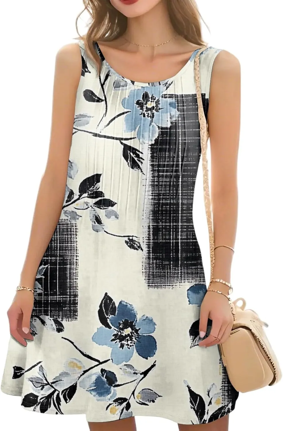 Summer Dresses for Women 2025 Loose Beach Vacation Sleeveless Crewneck Sundresses Print Casual Tank Dress with Pockets